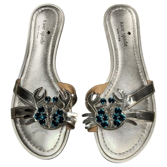 Kate Spade Silver Jeweled Crab Embellished Slide Sandals Size 8 - Picture 2 of 9